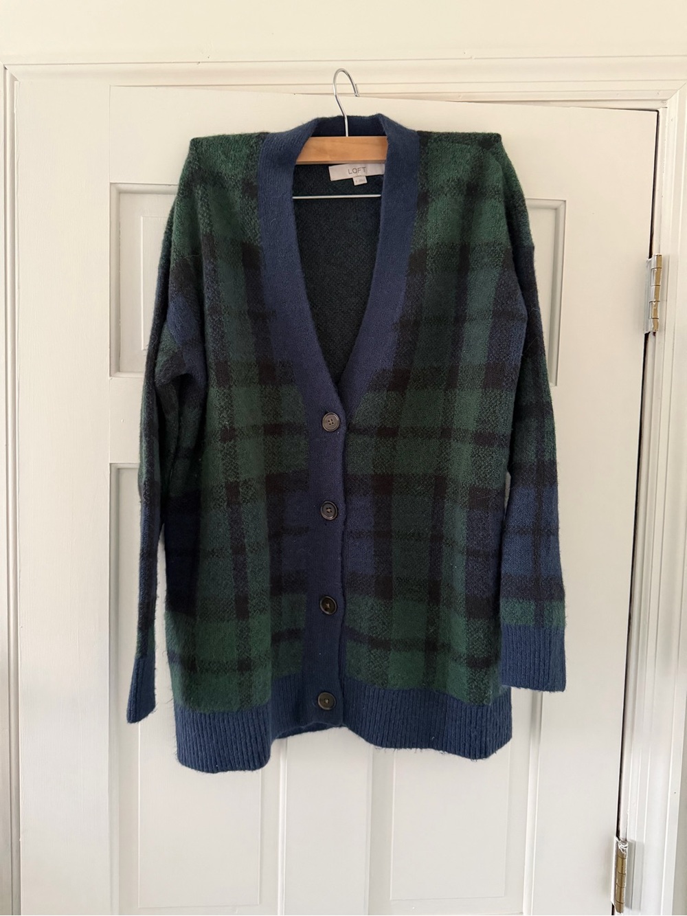 Loft Blue-Green Plaid Button Cardigan